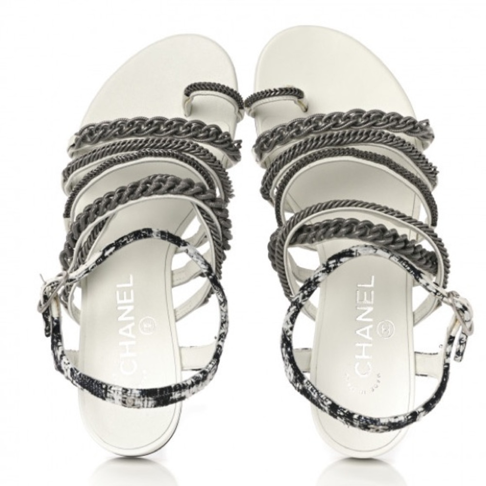 CHANEL Tweed Chain Flat Sandals